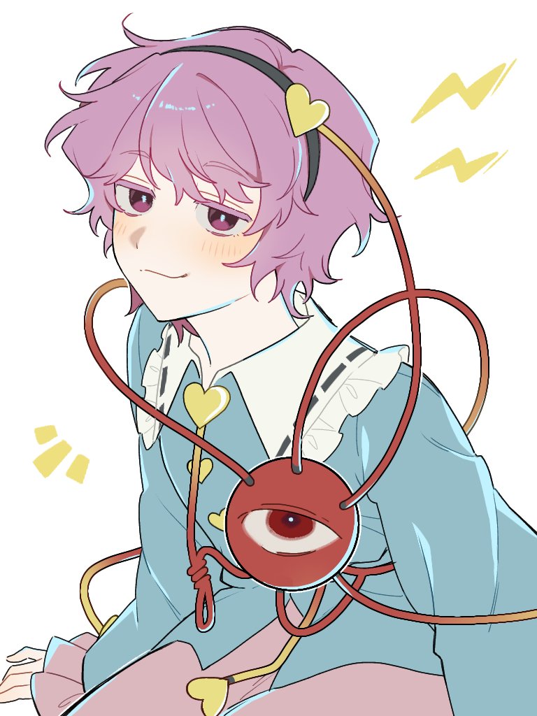 sakic43899, komeiji satori, touhou, commentary, 1girl, black hairband, blue shirt, closed mouth, collared shirt, frilled shirt collar, frills, hair ornament, hairband, heart, heart hair ornament, lightning bolt symbol, long sleeves, looking at viewer, pink skirt, purple eyes, purple hair, ribbon-trimmed collar, ribbon trim, shirt, short hair, simple background, skirt, smile, solo, white background