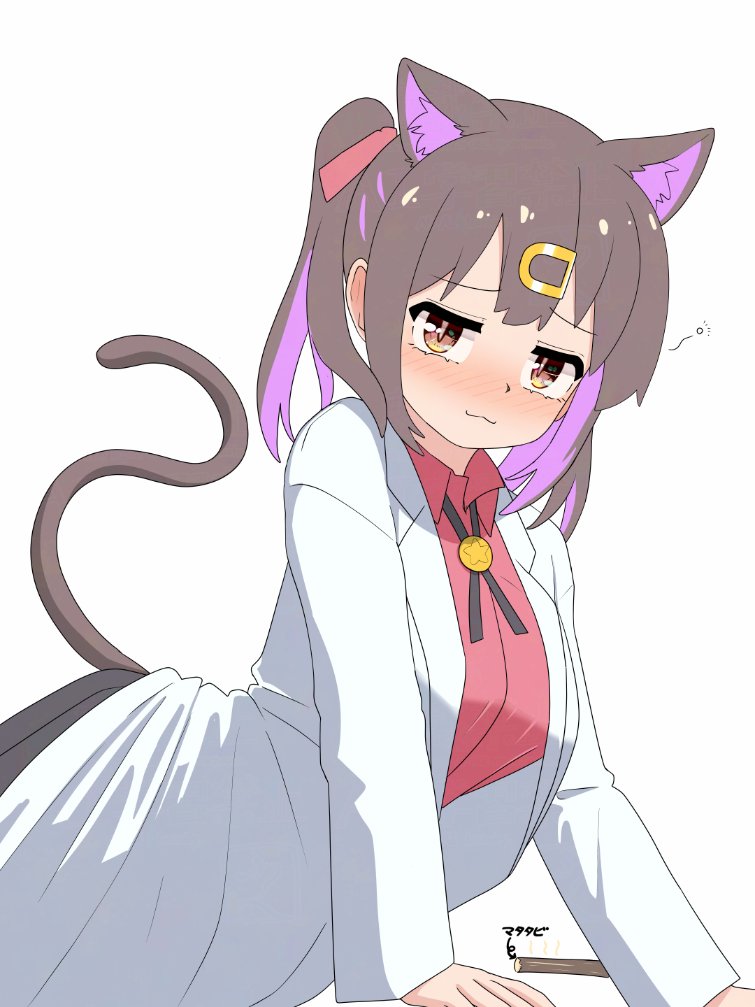happyundergate, oyama mihari, onii-chan wa oshimai!, commentary, highres, translated, 1girl, :3, animal ear fluff, animal ears, black hair, blush, bolo tie, brown eyes, cat ears, cat girl, cat tail, coat, hair ribbon, kemonomimi mode, lab coat, long sleeves, looking at viewer, medium hair, multicolored hair, nose blush, open clothes, open coat, purple hair, red shirt, ribbon, shirt, simple background, slit pupils, smile, solo, squeans, tail, twintails, two-tone hair, white background