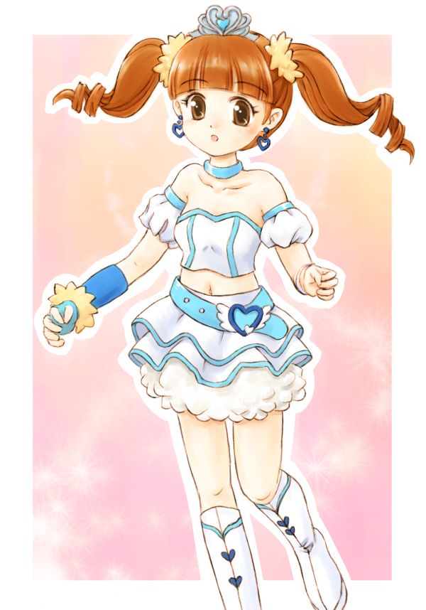 asiaaqua, yumeno uta, onegai my melody, sanrio, 00s, 1girl, :o, arm warmers, armlet, blush, boots, brown eyes, brown hair, earrings, female focus, fingerless gloves, fur trim, gloves, hairband, heart, heart earrings, jewelry, knee boots, navel, parted lips, pink background, short hair, simple background, skirt, solo, tiara, white boots, white skirt