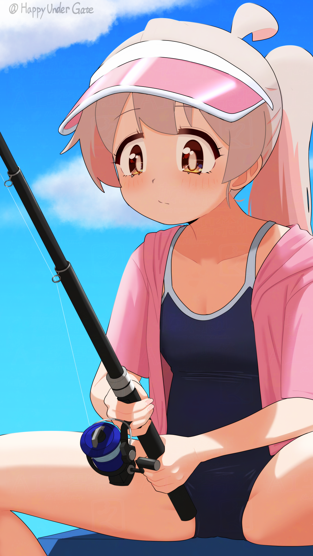 happyundergate, oyama mahiro, onii-chan wa oshimai!, commentary, highres, 1girl, ahoge, artist name, bare legs, blue one-piece swimsuit, blue sky, breasts, brown eyes, cloud, collarbone, competition school swimsuit, fishing, fishing rod, grey hair, jacket, light blush, one-piece swimsuit, outdoors, pink hair, pink jacket, ponytail, school swimsuit, sitting, sky, small breasts, solo, spread legs, swimsuit, thighs, twitter username, visor cap