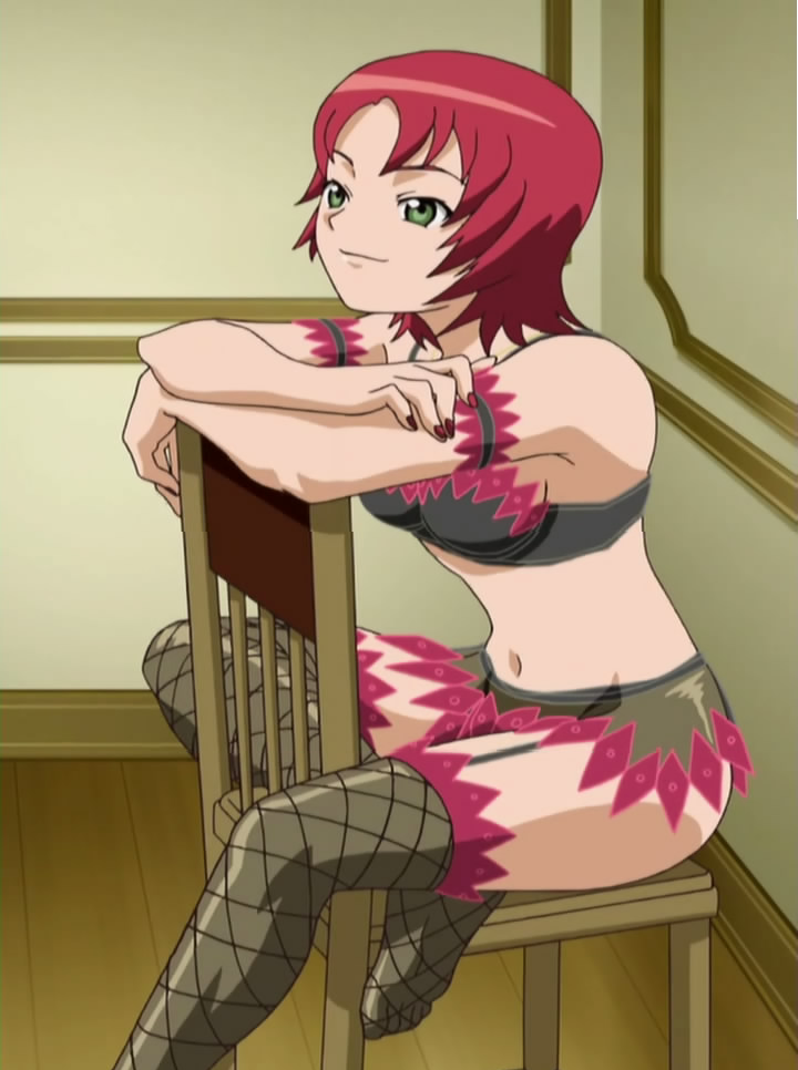 juliet nao zhang, my-otome, anime screenshot, 00s, black panties, bra, garter belt, lingerie, panties, red hair, solo, thighhighs, underwear