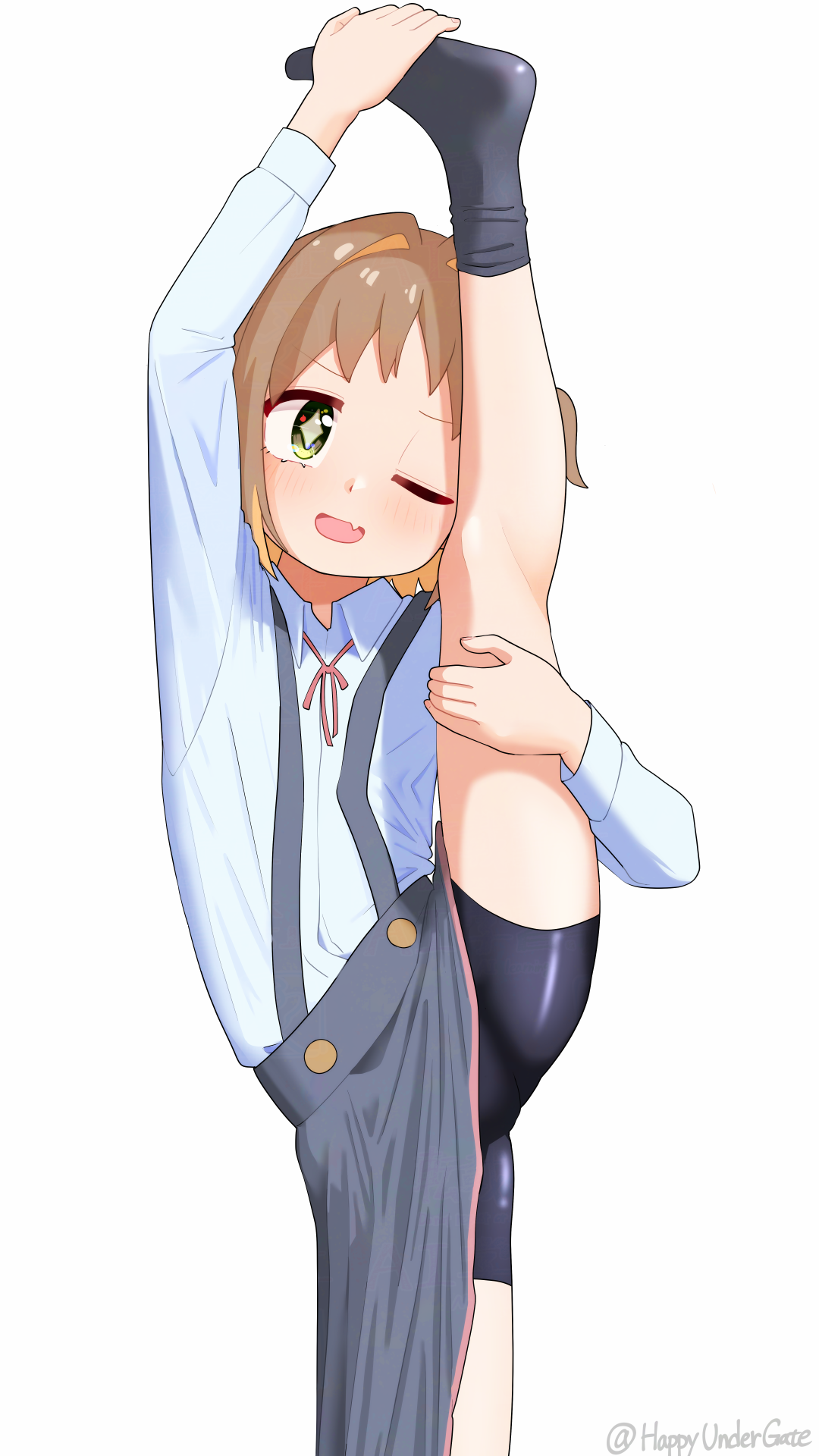 happyundergate, oka asahi, onii-chan wa oshimai!, commentary, highres, 1girl, ;d, arm up, artist name, bare legs, bike shorts, black skirt, black socks, brown hair, colored inner hair, diamond-shaped pupils, diamond (shape), fang, flexible, green eyes, hand on own foot, hand on own leg, leg up, light blush, multicolored hair, neck ribbon, one eye closed, open mouth, orange hair, red ribbon, ribbon, school uniform, shirt, short hair, simple background, skin fang, skirt, smile, socks, solo, split, standing, standing on one leg, standing split, suspender skirt, suspenders, symbol-shaped pupils, twitter username, two-tone hair, two side up, white background, white shirt, wing collar