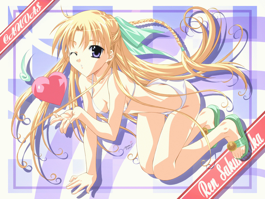 sakurazuka ren, canvas, canvas (cocktail soft), canvas sepia iro no motif, artist request, 00s, 1girl, all fours, bikini, blonde hair, blowing kiss, blue eyes, braid, breasts, cleavage, female focus, heart, long hair, looking at viewer, medium breasts, one eye closed, solo, swimsuit, thighhighs, white bikini, wink