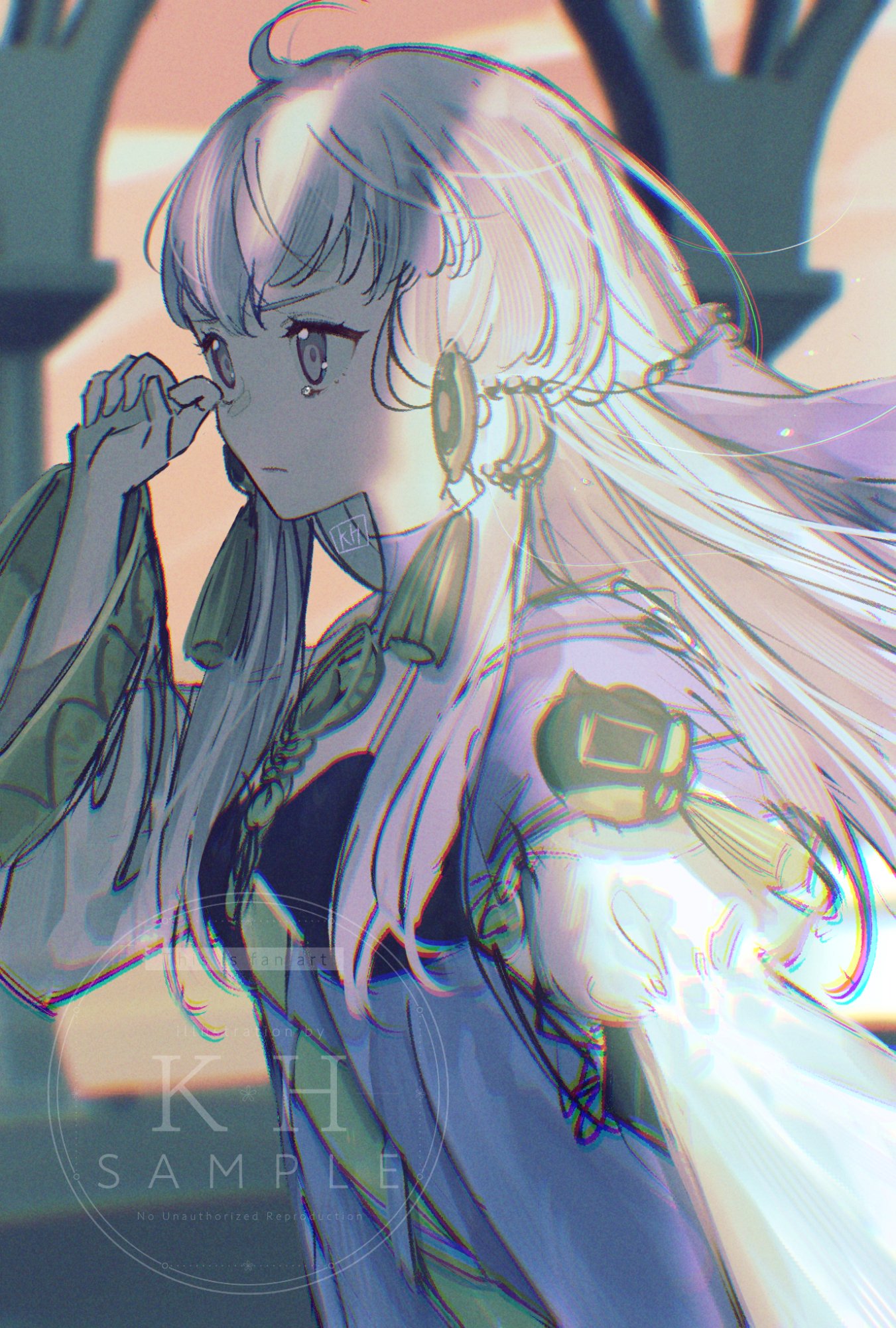 kh (tanakananataka), lysithea von ordelia, lysithea von ordelia (timeskip), fire emblem, fire emblem: three houses, nintendo, highres, 1girl, ahoge, arch, breasts, choker, closed mouth, dress, hair ornament, long hair, long sleeves, pink eyes, purple choker, purple dress, solo, upper body, white hair