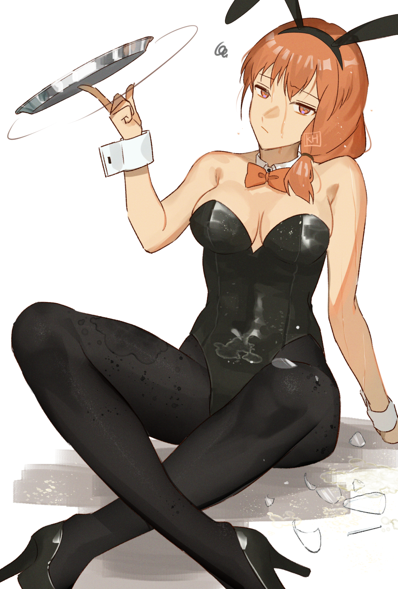 kh (tanakananataka), leonie pinelli, leonie pinelli (timeskip), fire emblem, fire emblem: three houses, nintendo, highres, 1girl, accident, animal ears, annoyed, bare shoulders, black leotard, black pantyhose, bow, bowtie, breasts, broken glass, cleavage, closed mouth, clumsy, collar, covered navel, detached collar, fake animal ears, glass, high heels, holding, holding tray, leotard, long hair, looking at viewer, medium breasts, orange bow, orange bowtie, orange eyes, orange hair, pantyhose, playboy bunny, ponytail, rabbit ears, simple background, solo, spill, tray, white background, wrist cuffs