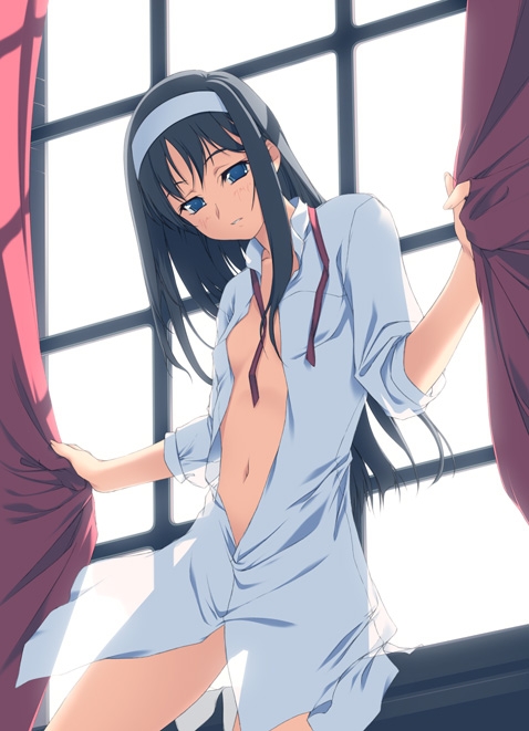 tohno akiha, tsukihime, black hair, blue eyes, long hair, midriff, open clothes, open shirt, window