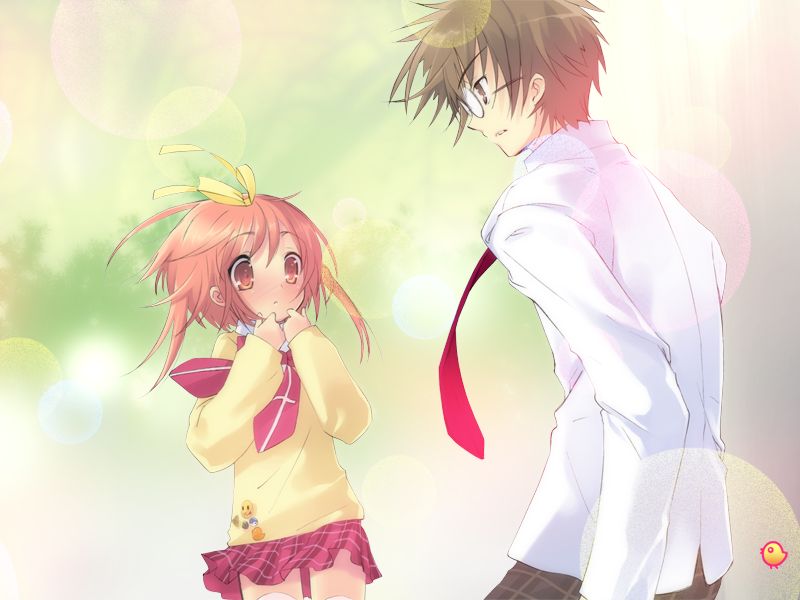 ito noizi, akihime sumomo, tsuwabuki masaharu, nanatsuiro drops, tall, game cg, 00s, 1boy, 1girl, blush, brown hair, cowboy shot, full-face blush, hair ribbon, height difference, long sleeves, looking at viewer, necktie, parted lips, pink hair, plaid clothes, plaid skirt, red skirt, ribbon, shirt, short hair, skirt, thighhighs, white shirt, yellow shirt, zettai ryouiki