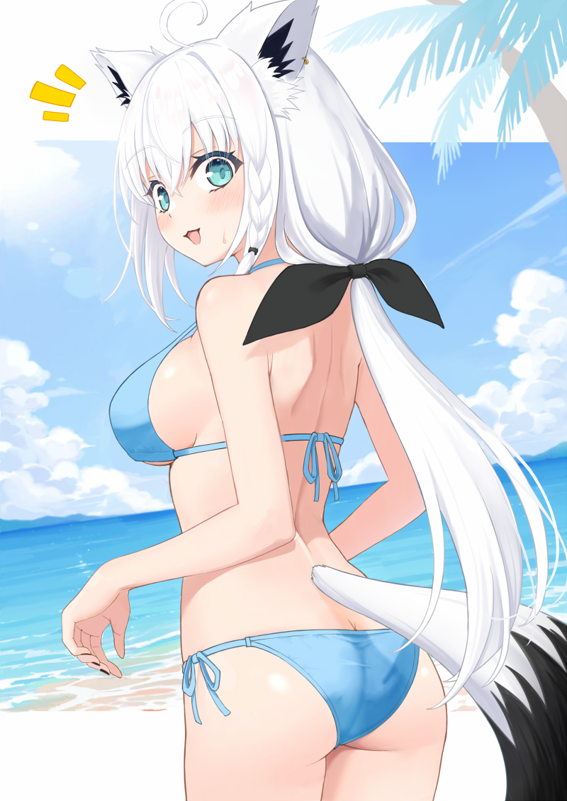 emyu b, shirakami fubuki, shirakami fubuki (hololive summer 2019), hololive, 1girl, ahoge, animal ear fluff, animal ear piercing, animal ears, aqua eyes, ass, beach, bikini, black bow, black nails, blue bikini, bow, braid, breasts, fox ears, fox girl, fox tail, hair between eyes, hair bow, looking at viewer, looking back, medium breasts, notice lines, official alternate costume, side braid, sideboob, solo, surprised, swimsuit, tail, virtual youtuber, white hair