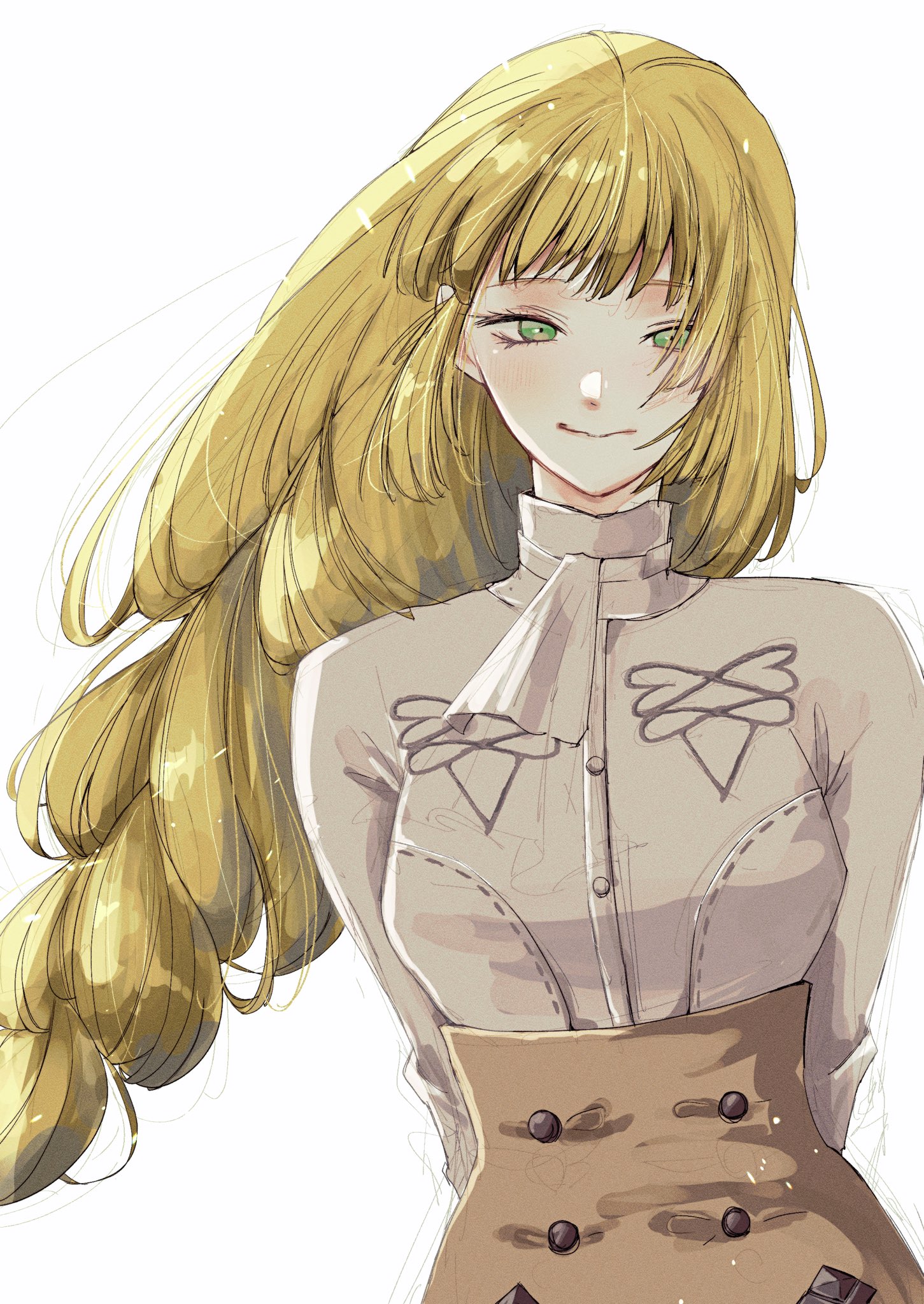 hk 539099410, ingrid brandl galatea, fire emblem, fire emblem: three houses, nintendo, highres, 1girl, alternate costume, ascot, blonde hair, blush, braid, braided ponytail, breasts, closed mouth, garreg mach monastery uniform, green eyes, long hair, long sleeves, looking at viewer, medium breasts, shirt, simple background, skirt, smile, solo, summer uniform, upper body, white ascot, white background, white shirt