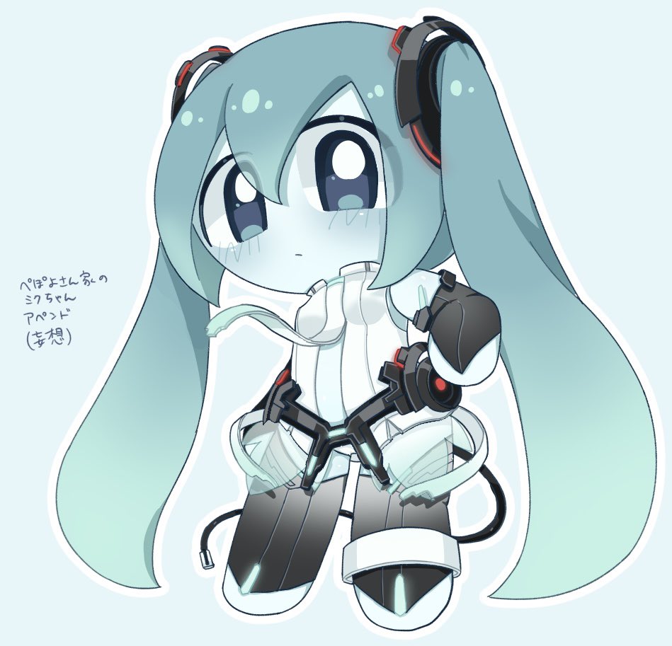 agpgwm, hatsune miku, hatsune miku (append), vocaloid, vocaloid append, 1girl, aqua background, aqua hair, aqua skin, bare shoulders, belt, black belt, black sleeves, black thighhighs, blue eyes, breasts, character name, chibi, closed mouth, clothing cutout, colored skin, detached sleeves, double-parted bangs, eyes visible through hair, frown, gradient hair, hair between eyes, hand on own hip, leotard, long hair, multicolored hair, outline, pepoyo (style), small breasts, thighhighs, toeless legwear, twintails, underboob, very long hair, white leotard, white outline