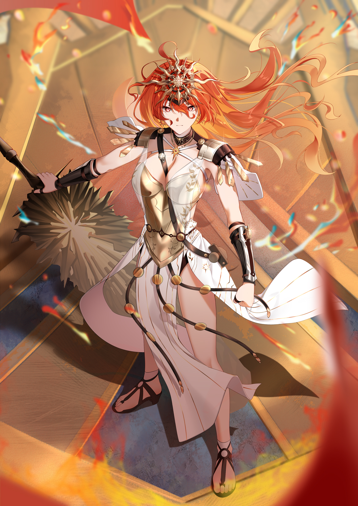 dian zhi sang, augusta (wuthering waves), wuthering waves, commentary request, highres, 1girl, ancient greek clothes, arm armor, armor, black collar, breastplate, breasts, clenched hand, closed mouth, collar, dress, full body, greatsword, greco-roman clothes, hair between eyes, headgear, long hair, looking at viewer, medium breasts, orange hair, pelvic curtain, red eyes, sandals, solo, standing, sword, weapon, white dress