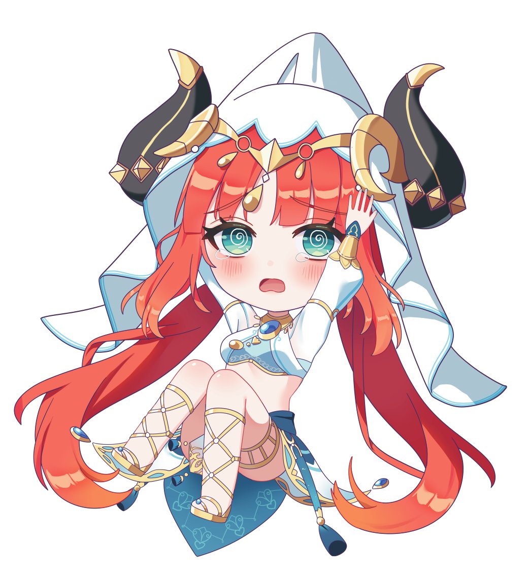mikoto (0709mikoto), nilou (genshin impact), genshin impact, commentary request, 1girl, @ @, black horns, blue brooch, blue skirt, blush, brooch, chibi, chibi only, crop top, fake horns, full body, gladiator sandals, green eyes, hands on own head, harem outfit, horns, jewelry, long hair, long sleeves, looking at viewer, midriff, open mouth, red hair, sandals, simple background, skirt, solo, thighlet, veil, white background, white veil