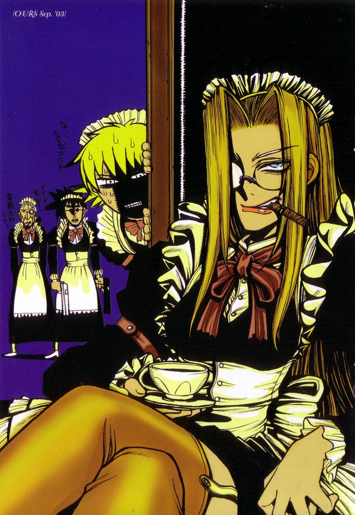 hirano kouta, alucard (hellsing), integra hellsing, seras victoria, walter, walter c. dornez, hellsing, 00s, 2003, 2boys, 2girls, cigar, crossdressing, integra fairbrook wingates hellsing, long sleeves, maid, multiple boys, multiple girls, september, tea, thighhighs
