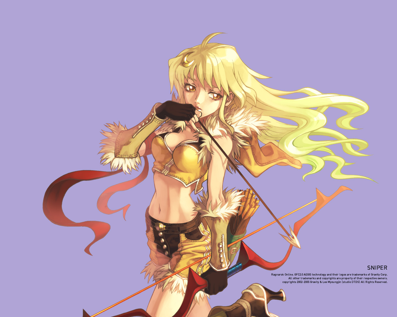 myung-jin lee, sniper (ragnarok online), ragnarok online, sniper, official art, 1girl, arrow (projectile), blonde hair, bow (weapon), female focus, high heels, marksman, midriff, quiver, shorts, solo, weapon