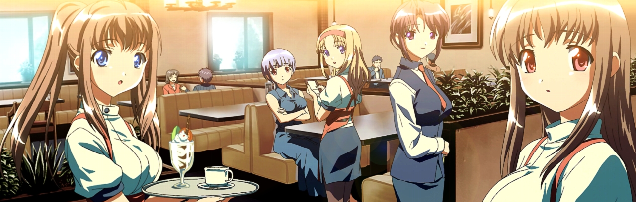 ootori mizuho, tachibana megumi, tachibana saori, wakana chitose, alto, alto (game), jast, 5girls, :o, apron, blonde hair, blue eyes, brown hair, chair, cup, dress, glass, hairband, indoors, long hair, multiple girls, open mouth, plant, ponytail, purple eyes, red eyes, restaurant, short hair, sidelocks, sitting, waitress