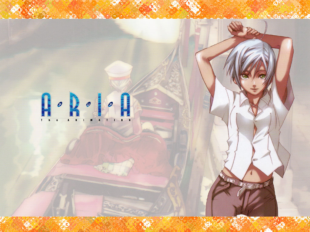 amano kozue, athena glory, aria (manga), official art, official wallpaper, 00s, 1girl, arms up, belt, dark-skinned female, dark skin, female focus, gondola, midriff, short hair, solo, water