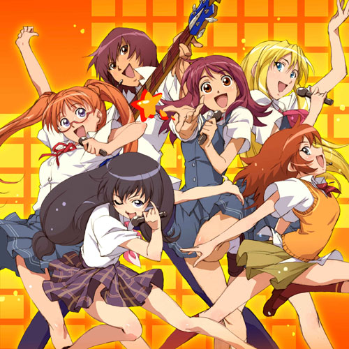 anna heart, layla hamilton, may wong, mia guillem, naegino sora, rosetta passel, kaleido star, lowres, 00s, 6+girls, band (music), bass guitar, everyone, guitar, instrument, legs, microphone, multiple girls, music, red hair, rickenbacker, school uniform, serafuku, singing