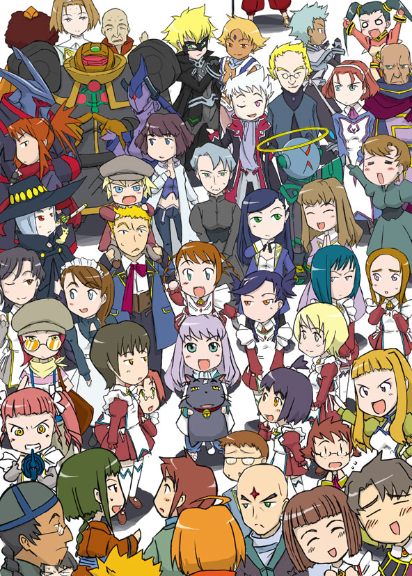 my-otome, silver hair, white legwear, 00s, 6+boys, 6+girls, :d, ;d, ^ ^, animal, apron, bald, bell, blonde hair, blue eyes, blue hair, blunt bangs, blush, cat, choker, closed eyes, crossover, dress, everyone, facial mark, forehead mark, formal clothes, garderobe uniform, glasses, green eyes, green hair, halo, hat, jingle bell, long hair, long sleeves, mask, meister otome uniform, monster, multiple boys, multiple girls, navel, o o, old, old man, one eye closed, open mouth, parted lips, red eyes, red hair, short hair, simple background, skirt, smile, standing, suit, sweatdrop, thighhighs, white background, witch hat, zettai ryouiki