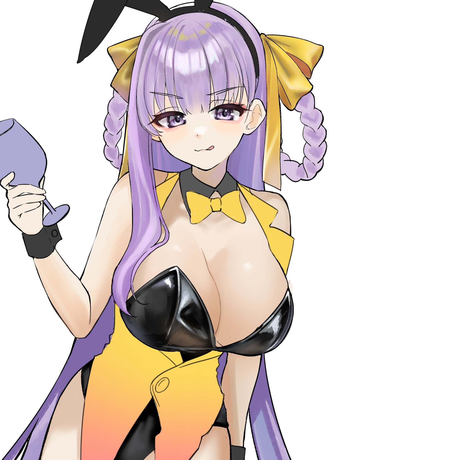 mikon (nicknqme), bb (fate), bb dubai (fate), fate/grand order, fate (series), highres, 1girl, animal ears, black leotard, bow, bowtie, braid, braided hair rings, breasts, cleavage, cup, fake animal ears, hair ribbon, hair rings, holding, holding cup, jacket, large breasts, leotard, long hair, looking at viewer, no bra, playboy bunny, purple eyes, purple hair, rabbit ears, ribbon, simple background, tongue, tongue out, twin braids, very long hair, white background, wrist cuffs, yellow bow, yellow bowtie, yellow jacket, yellow ribbon
