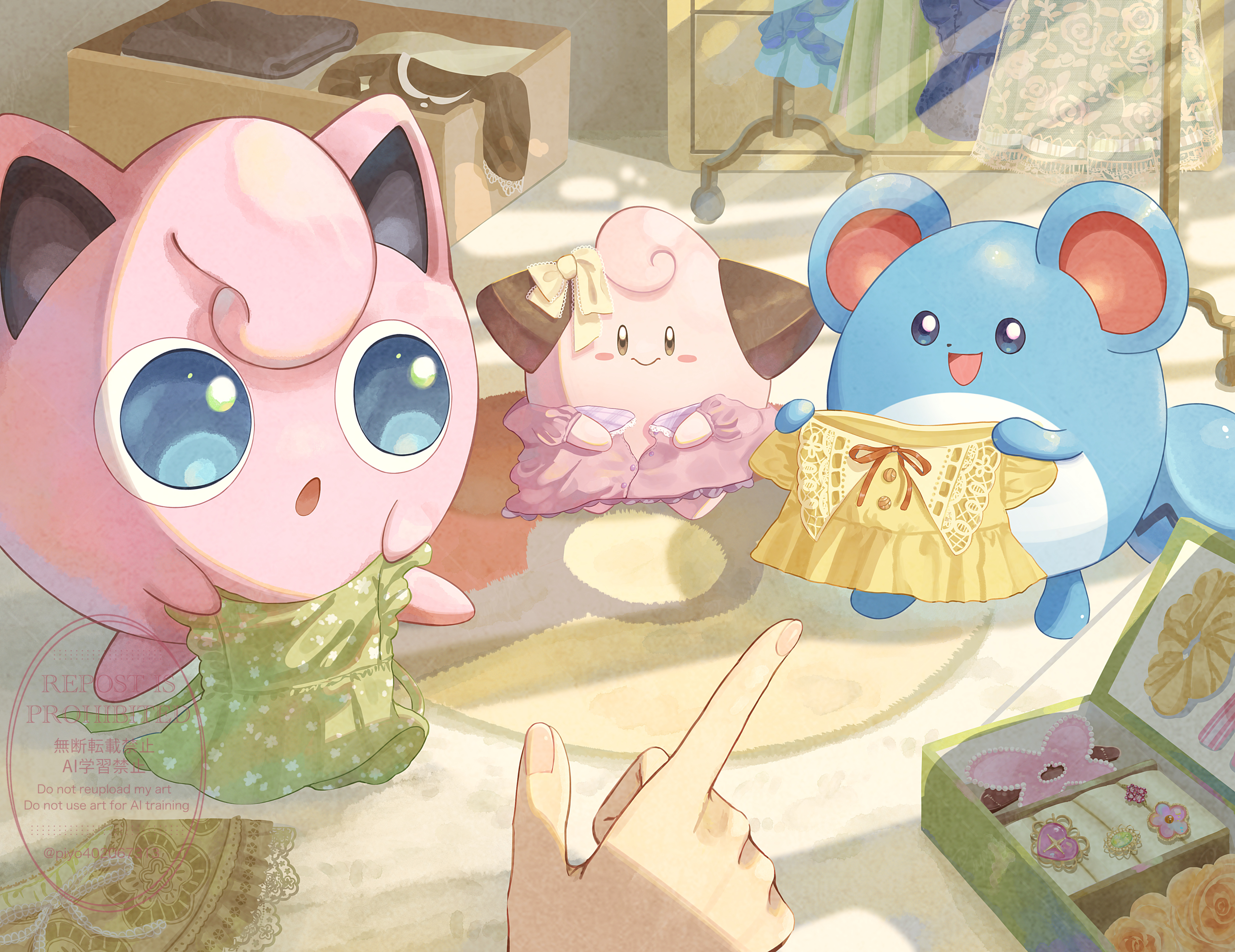 piyokonoenikki 04, cleffa, jigglypuff, marill, nintendo, pokemon, absurdres, commentary request, highres, :d, :o, blush stickers, clothed pokemon, gen 1 pokemon, gen 2 pokemon, holding, holding unworn clothes, indoors, light rays, open mouth, poke ball print, pokemon (creature), rug, shadow, smile, tongue, watermark