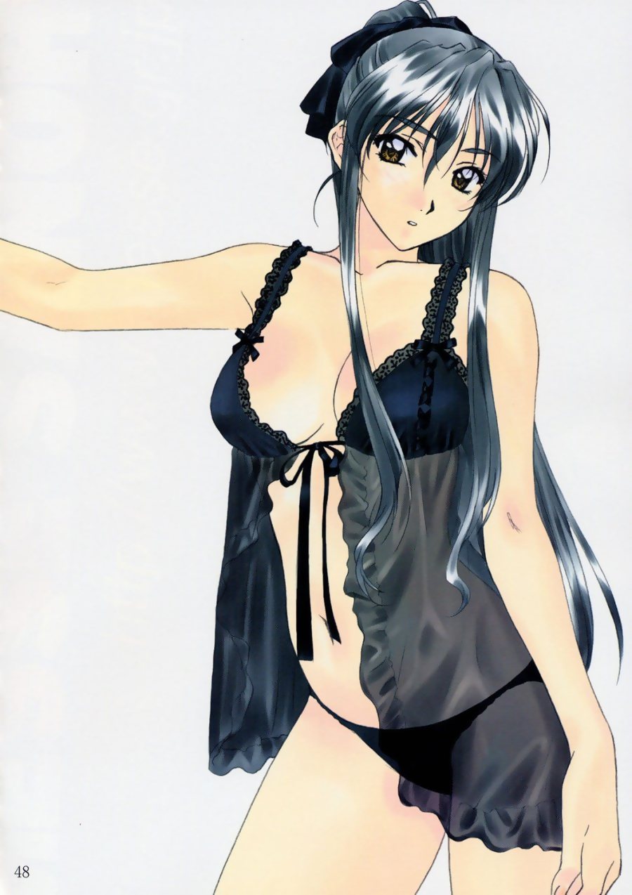 polorinken, matsuoka chie, sentimental graffiti, highres, 1990s (style), 1girl, arm support, arms beside, babydoll, black bra, black hair, black panties, black theme, bow, bra, breasts, brown eyes, chemise, female focus, hair bow, large breasts, leaning, lingerie, long hair, nightgown, panties, retro artstyle, see-through clothes, solo, standing, underwear, underwear only