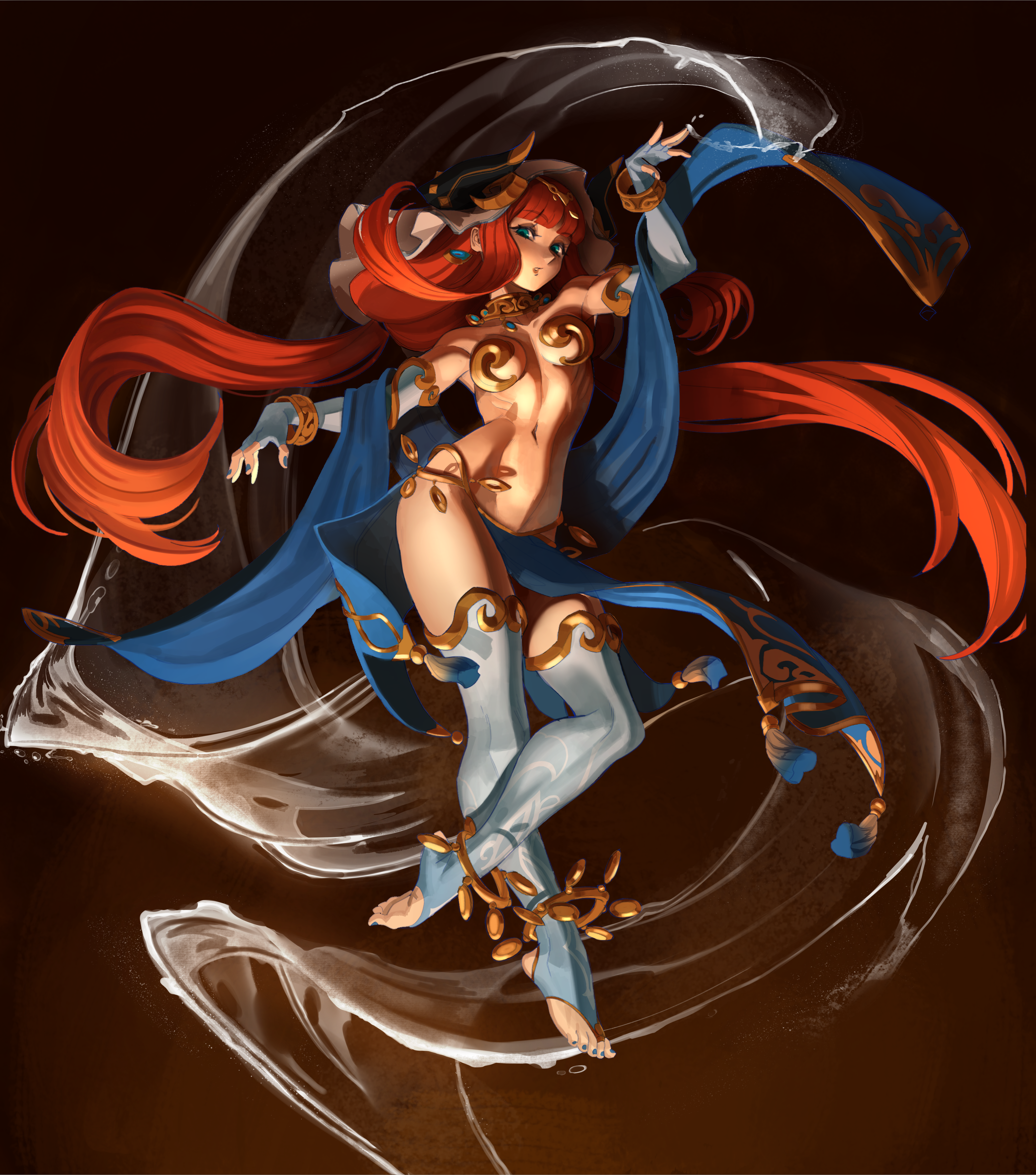 nezo, nilou (genshin impact), genshin impact, absurdres, commentary, highres, 1girl, anklet, blue bridal gauntlets, blue eyes, blue nails, blue thighhighs, blue veil, bracer, bridal gauntlets, circlet, dancer, fake horns, fingerless gloves, full body, gloves, gold, harem outfit, horns, jewelry, long hair, nail polish, navel, neck ring, pelvic curtain, red hair, solo, stomach, thighhighs, toeless legwear, toes, veil, very long hair, white headdress, white veil