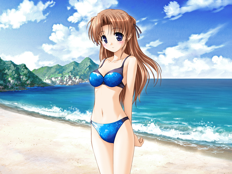 bekkankou, takamizawa natsuki, yoake mae yori ruri iro na, game cg, 1girl, beach, bikini, bikini top only, blue eyes, blush, breasts, brown hair, cleavage, cloud, day, female focus, long hair, medium breasts, ocean, outdoors, sky, solo, swimsuit, water