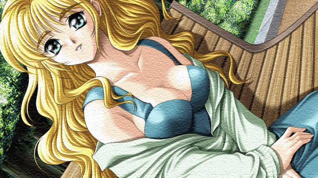 kinmedai pink, hoshi no pierce, game cg, third-party edit, 1girl, bench, blonde hair, breasts, cleavage, dutch angle, female focus, solo, texture