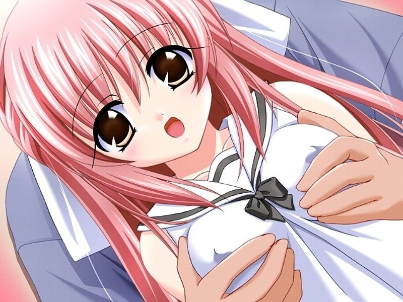 choco chip, kohinata yuki, atelier kaguya, imouto jiru, game cg, 00s, 1girl, :o, blush, breasts, brown eyes, covered erect nipples, dutch angle, grabbing another's breast, groping, long hair, open mouth, pink hair, red hair, solo focus, surprised