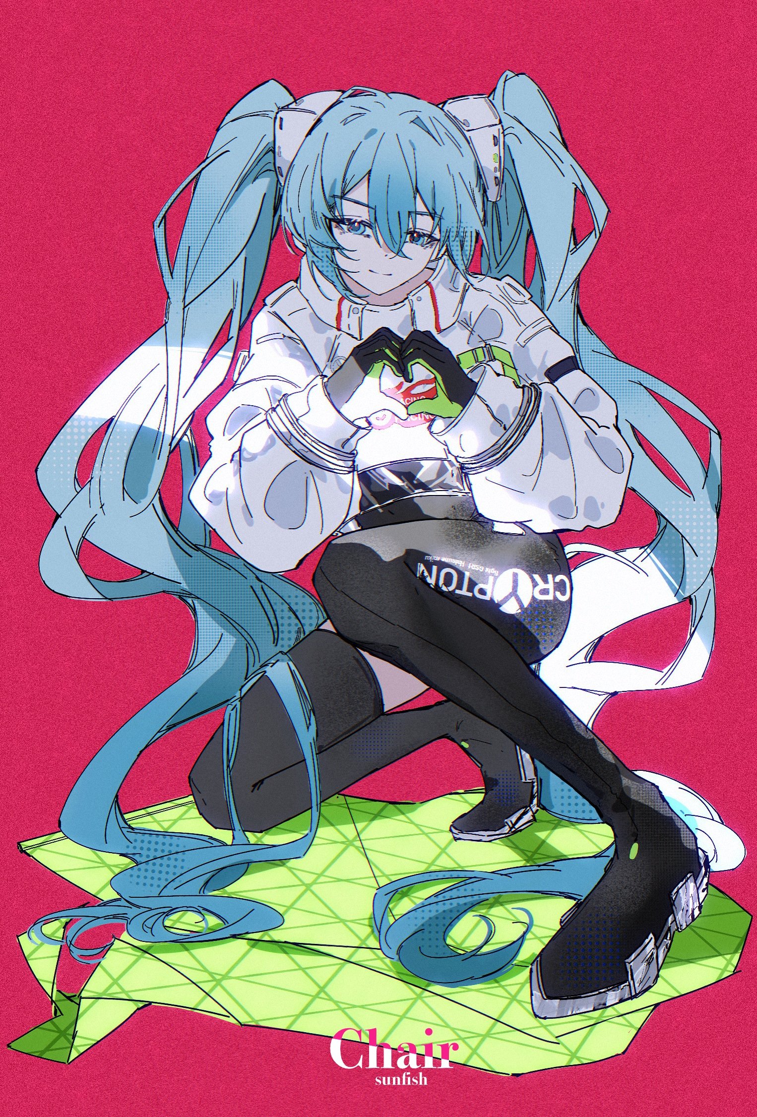sunfish3939, hatsune miku, racing miku, racing miku (2022), goodsmile company, goodsmile racing, vocaloid, commentary, highres, 1girl, black boots, black gloves, blue eyes, blue hair, boots, closed mouth, double-parted bangs, full body, gloves, hair between eyes, heart, heart hands, long hair, long sleeves, looking at viewer, red background, shirt, simple background, smile, solo, thigh boots, twintails, very long hair, white shirt