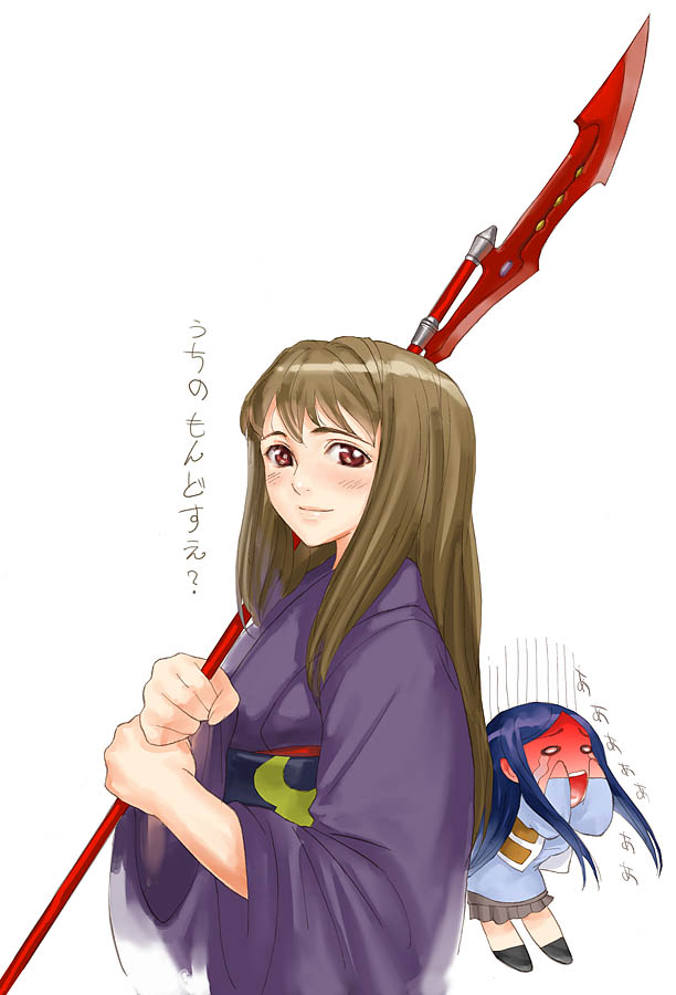 arasi141, fujino shizuru, kuga natsuki, my-hime, translation request, 00s, 2girls, japanese clothes, multiple girls, naginata, polearm, weapon