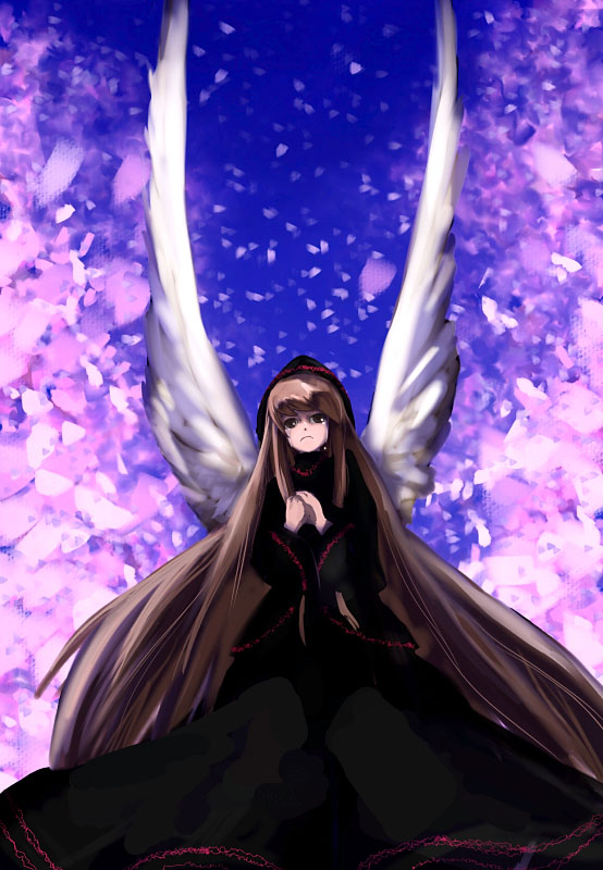 hirosato, lily black, lily white, touhou, 1girl, angel wings, cherry blossoms, female focus, own hands together, solo, tears, wings
