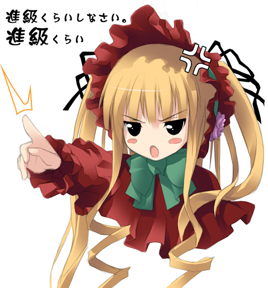 kantoku, shinku, rozen maiden, 00s, 1girl, blonde hair, bonnet, female focus, solo, text focus, twintails
