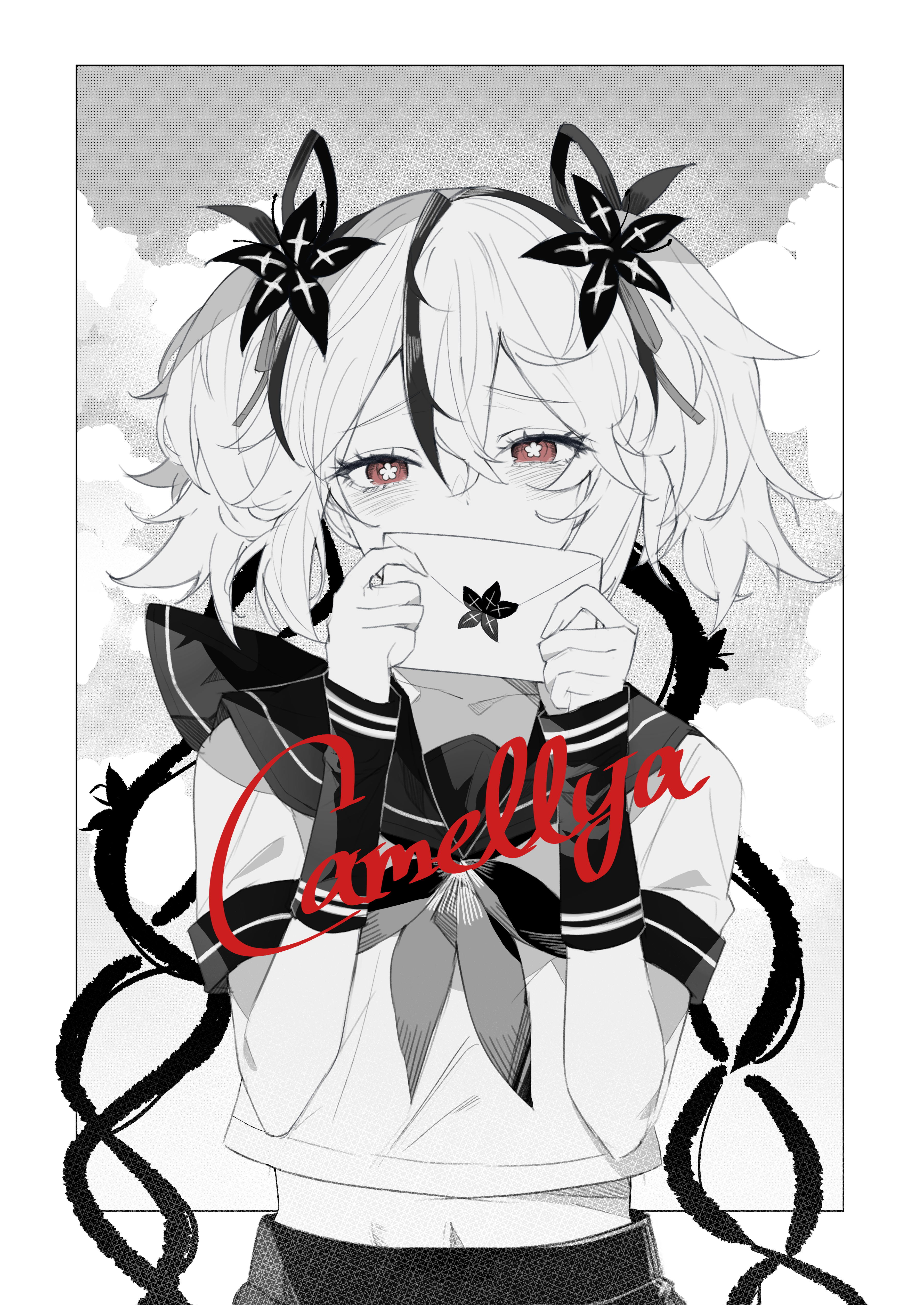 shigureszku, camellya (wuthering waves), wuthering waves, absurdres, commentary, english commentary, highres, 1girl, alternate costume, blake bloom (wuthering waves), border, character name, crop top, envelope, flower-shaped pupils, greyscale, hair between eyes, hair vines, hands up, holding, holding envelope, looking at viewer, monochrome, neckerchief, orange eyes, sailor collar, school uniform, serafuku, short hair, short sleeves, solo, spot color, symbol-shaped pupils, upper body, white border