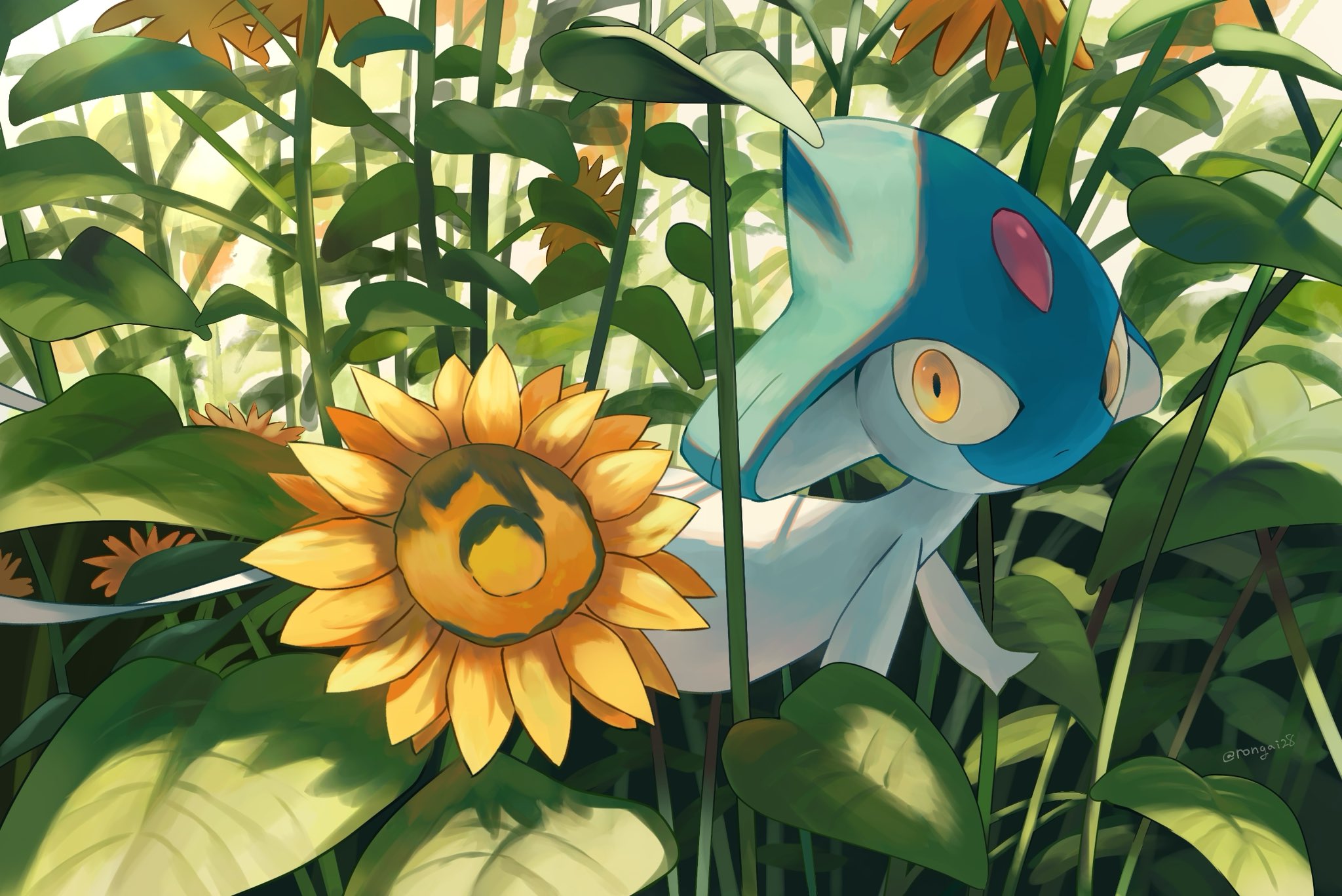rongai28, azelf, nintendo, pokemon, highres, field, floating, flower, flower field, forehead jewel, gem, gen 4 pokemon, legendary pokemon, looking at viewer, no humans, outdoors, plant, pokemon (creature), pokemon focus, red gemstone, sunflower, sunflower field, yellow eyes
