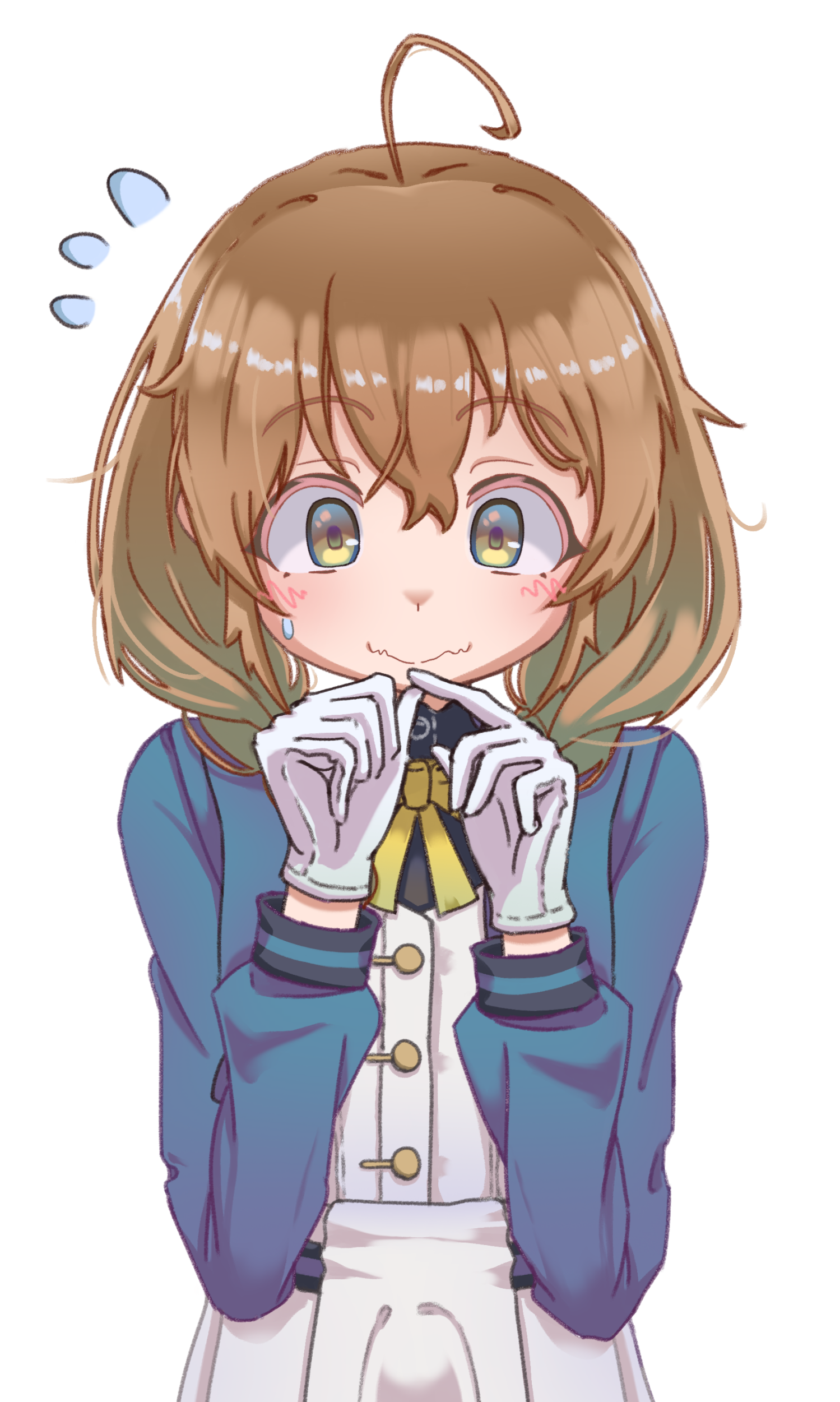 monica everett, silent witch, absurdres, highres, 1girl, ahoge, arclant, averting eyes, blue jacket, blush, brown eyes, brown hair, closed mouth, eyebrows hidden by hair, fidgeting, flat chest, flying sweatdrops, gloves, hair between eyes, jacket, school uniform, shirt, simple background, skirt, solo, upper body, wavy mouth, white background, white gloves, white shirt, white skirt