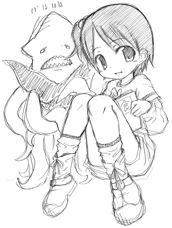 naruse mamoru, itou chika, ichigo mashimaro, 1girl, female focus, greyscale, monochrome, sketch, solo