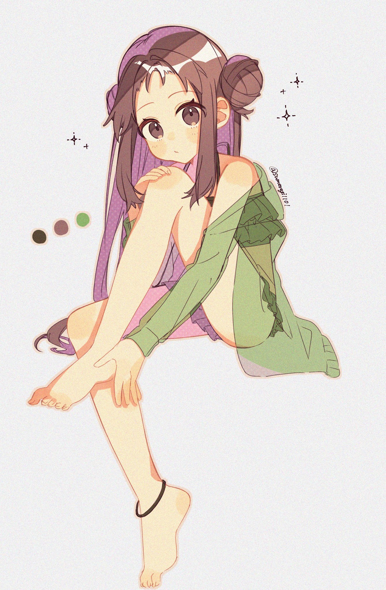 sumeragi1101, leaf (pokemon), nintendo, pokemon, pokemon frlg, highres, 1girl, anklet, bare shoulders, bikini, black bikini, blush, brown eyes, brown hair, closed mouth, double bun, green jacket, hair bun, jacket, jewelry, legs, long hair, looking at viewer, open clothes, open jacket, see-through clothes, simple background, swimsuit, thighs
