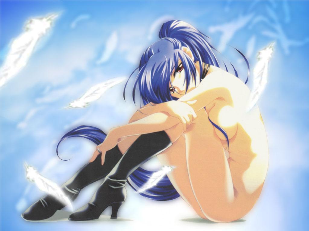 hayase mitsuki, kimi ga nozomu eien, 00s, 1girl, blue eyes, blue hair, boots, breasts, brown eyes, feathers, female focus, high heel boots, high heels, large breasts, long hair, matching hair/eyes, nude, ponytail, shoes, solo