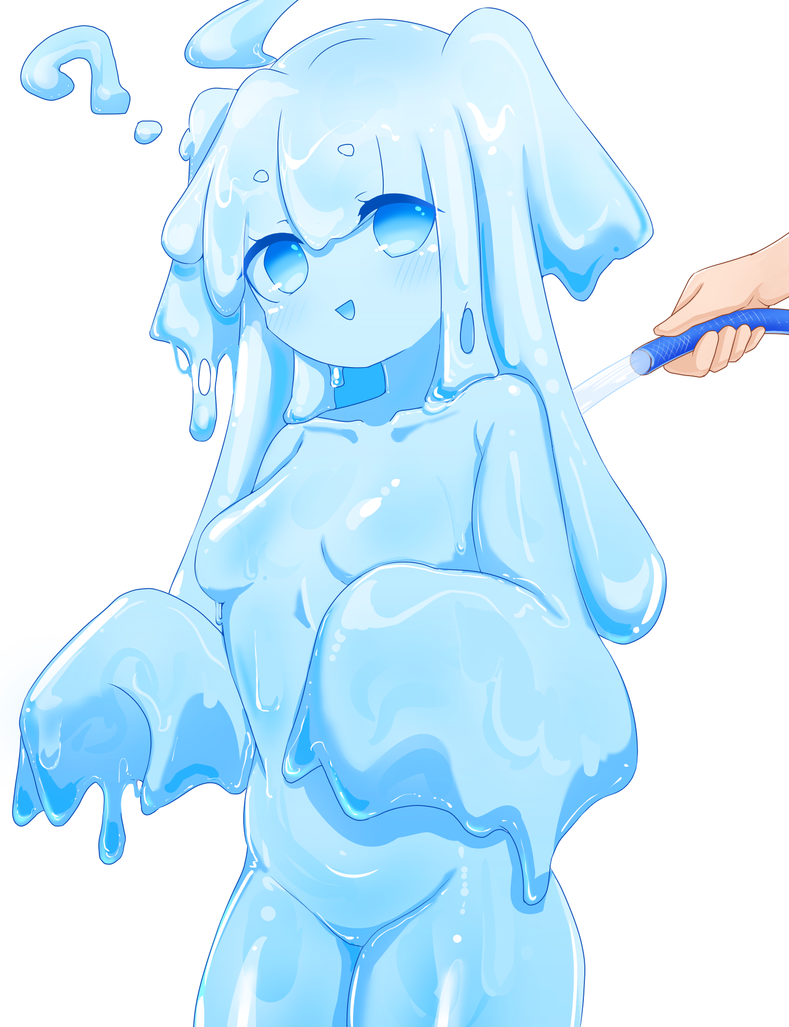 hikyou takarasou, original, highres, 1girl, 1other, ?, ahoge, blue eyes, blue skin, breasts, colored skin, completely nude, holding, holding hose, hose, liquid hair, long hair, looking at another, monster girl, no nipples, no pussy, nude, open mouth, simple background, slime (substance), slime girl, small breasts, standing, twintails, water, white background