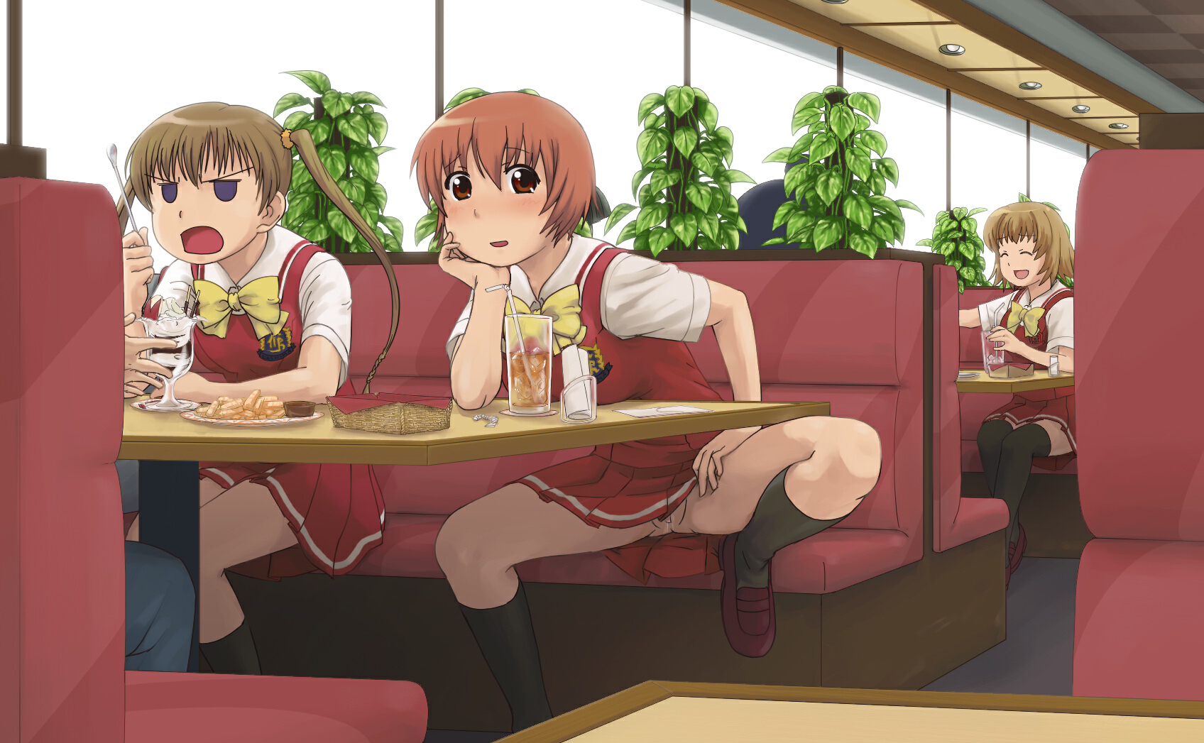 calpara, katagiri himeko, kurusu tomari, momose kurumi, osaragi hazumu, tachibana rei, kashimashi, pani poni dash!, black legwear, highres, 00s, 3girls, ^ ^, blush, closed eyes, crossover, cup, drinking glass, drinking straw, exhibitionism, flashing, food, indoors, loafers, looking at viewer, multiple girls, no panties, plant, pleated skirt, potted plant, public indecency, pussy, pussy peek, school uniform, serafuku, shoes, short hair, short sleeves, sitting, skirt, socks, spread legs, table, thighhighs, twintails, uncensored, upskirt, voice actor connection, zettai ryouiki