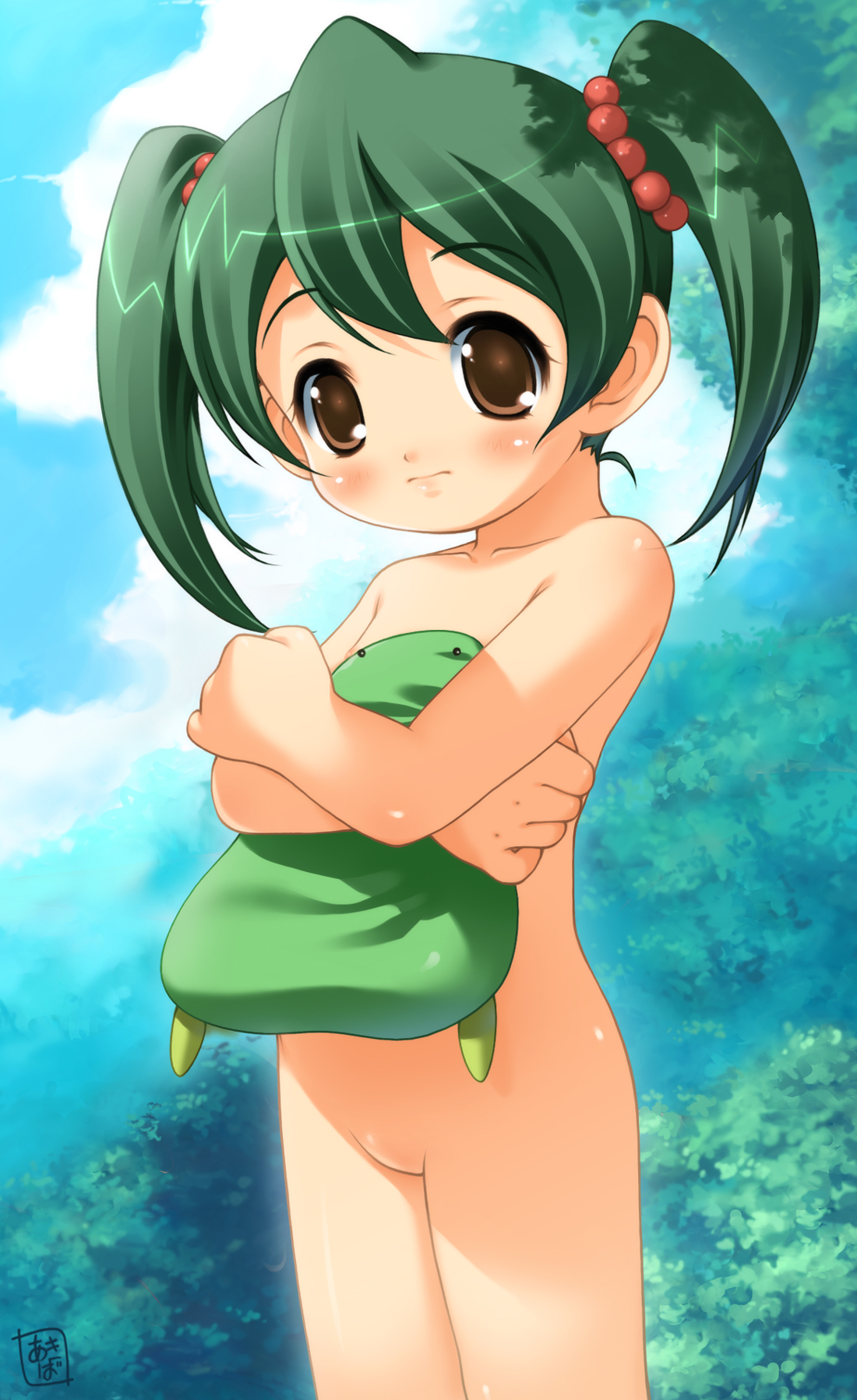 akiba hideki, miyama miku, zettai shounen, highres, 00s, 1girl, blush, brown eyes, covering privates, day, female focus, green hair, hug, loli, no pussy, nude, nude cover, outdoors, public indecency, short twintails, solo, standing, twintails, zenra