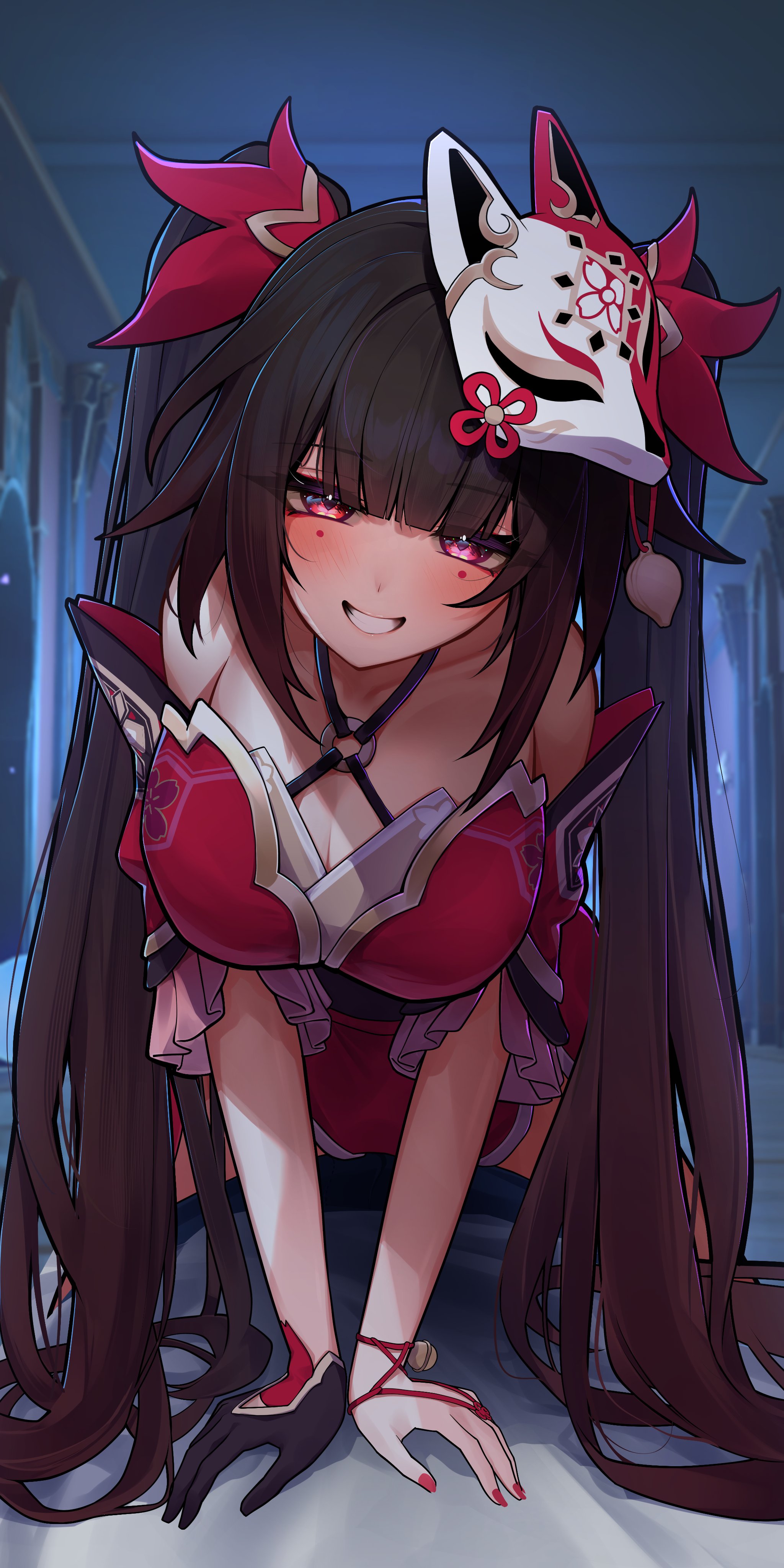shumai il, sparkle (honkai: star rail), honkai: star rail, honkai (series), absurdres, highres, 1girl, bell, black choker, black sash, breasts, brown hair, butterfly-shaped pupils, choker, criss-cross halter, dress, fox mask, gloves, half-closed eyes, halterneck, large breasts, looking at viewer, mark under both eyes, mask, mask on head, neck bell, pink eyes, red dress, red nails, red sleeves, sash, seductive smile, single glove, smile, solo, symbol-shaped pupils, twintails