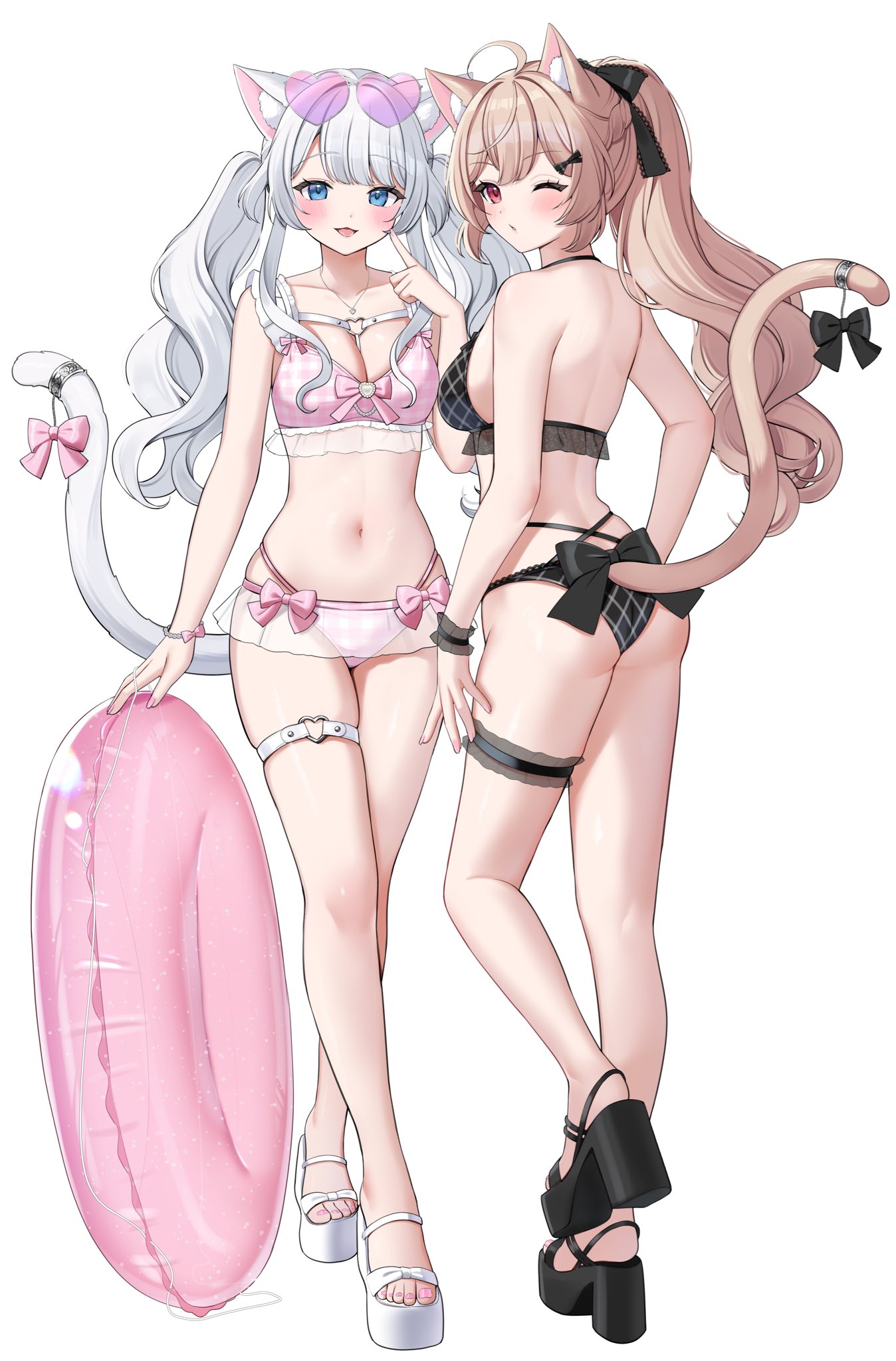kuroyuki 0713, original, highres, 2girls, animal ear fluff, animal ears, ass, bare shoulders, bikini, black bikini, blonde hair, blue eyes, blush, bow, bracelet, breasts, cat ears, cat girl, cat tail, cleavage, collarbone, eyewear on head, full body, grey hair, hair bow, hair ornament, heart, heart-shaped eyewear, innertube, jewelry, large breasts, legs, long hair, looking at viewer, medium breasts, multiple girls, navel, necklace, open mouth, pink bikini, platform sandals, red eyes, sandals, simple background, smile, stomach, sunglasses, swim ring, swimsuit, tail, tail bow, tail ornament, thigh strap, tinted eyewear, white background
