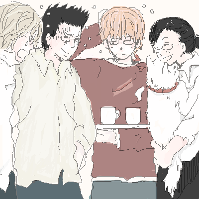mayama takumi, nomiya takumi, takumi nomiya, teshigawara miwako, yamazaki kazushi, honey and clover, lowres, 00s, 1girl, 3boys, animal, cup, dog, holding, holding tray, multiple boys, sketch, standing, teapot, tray