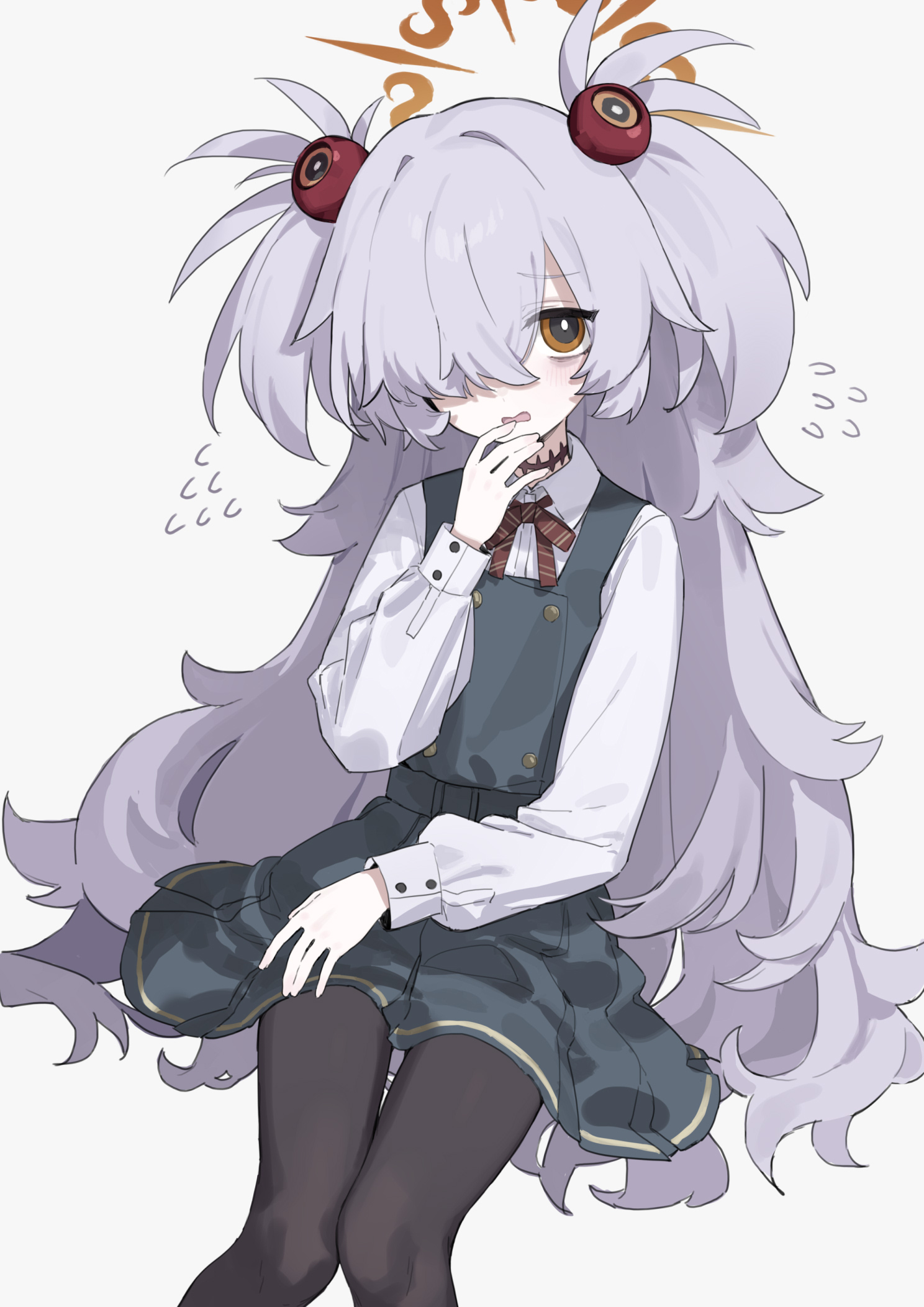 sh (shinh), kanoe (blue archive), blue archive, highres, 1girl, grey background, grey hair, hair bobbles, hair ornament, hair over one eye, long hair, long sleeves, looking at viewer, open mouth, pantyhose, shirt, simple background, solo, two side up, white shirt