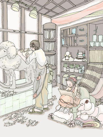 hanamoto hagumi, morita shinobu, honey and clover, 00s, 1boy, 1girl, blonde hair, couple, dog, drawing (action), hetero, long hair, poodle, room, sculpture