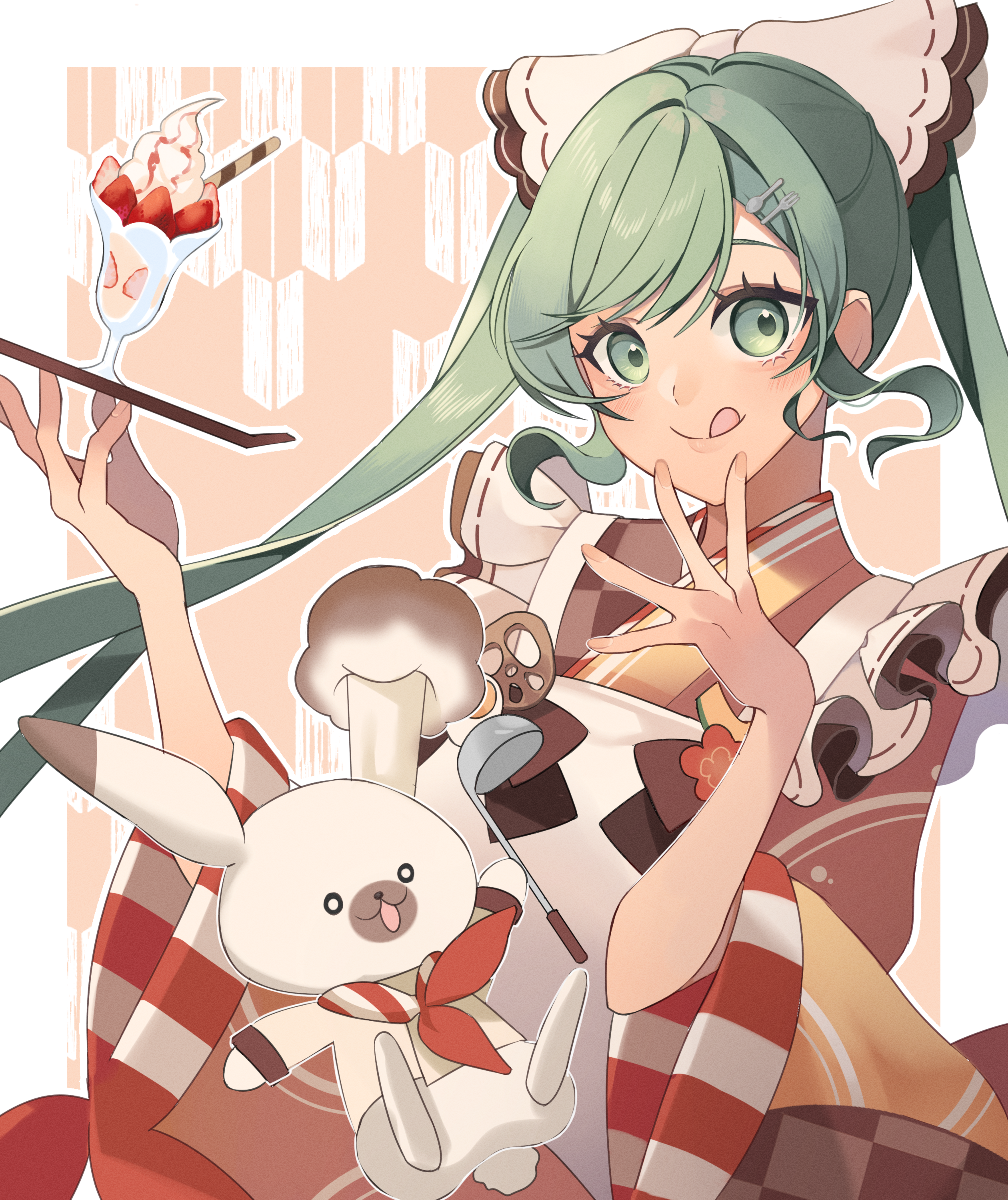 hiryang, hatsune miku, rabbit yukine, yuki miku, yuki miku (2024), vocaloid, absurdres, commentary, highres, 1girl, 1other, apron, blush, chef hat, closed mouth, food, fork hair ornament, fruit, green eyes, green hair, hat, holding, holding ladle, ice cream, japanese clothes, kimono, ladle, long hair, long sleeves, looking at viewer, mini chef hat, official alternate costume, official alternate hairstyle, orange kimono, rabbit, smile, soup ladle, spoon hair ornament, strawberry, tongue, tongue out, twintails, very long hair, white apron, wide sleeves