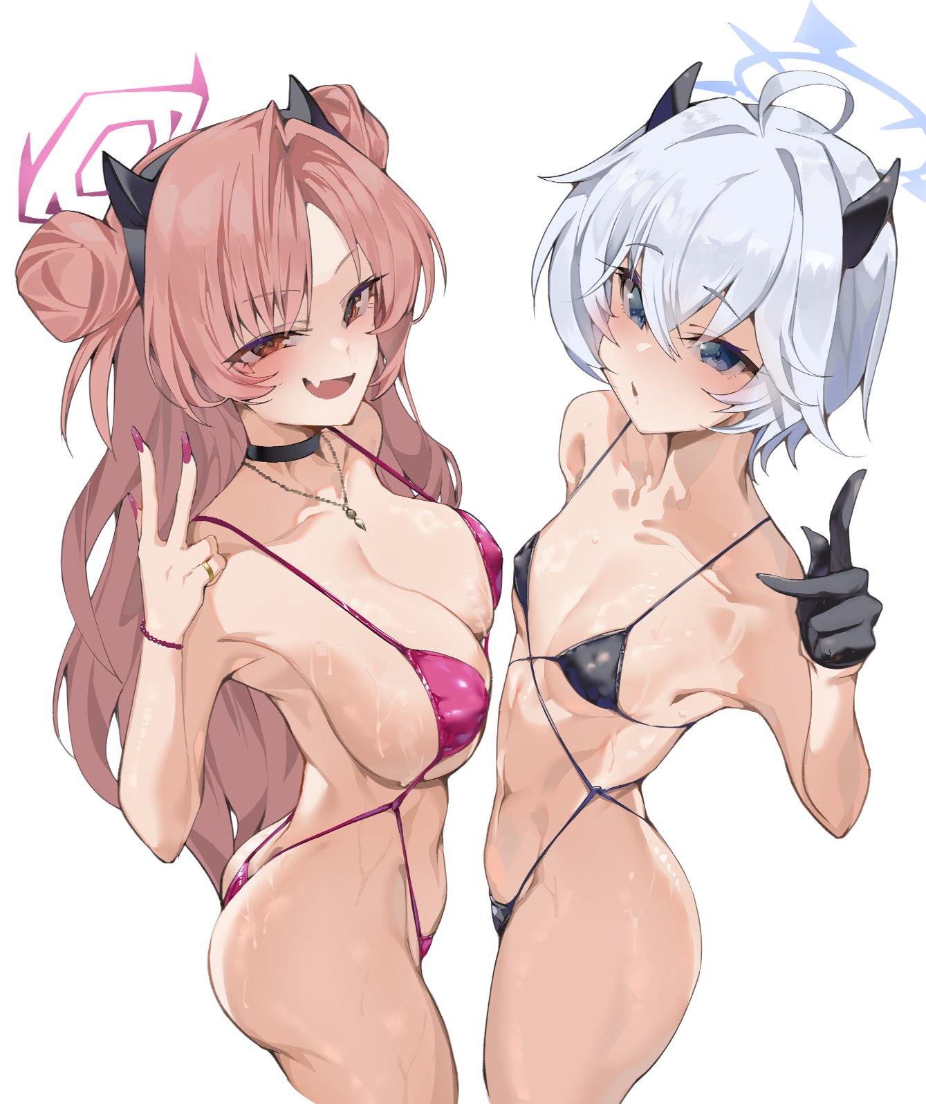 satou daiji, erika (blue archive), kirara (blue archive), blue archive, highres, 2girls, alternate costume, ass, bare shoulders, bikini, black bikini, blush, breasts, choker, demon girl, demon horns, double bun, fake horns, fang, gloves, hair bun, halo, horns, large breasts, long hair, looking at viewer, micro bikini, multiple girls, open mouth, pink bikini, pink eyes, pink hair, pink nails, simple background, small breasts, smile, string bikini, swimsuit, v, white background