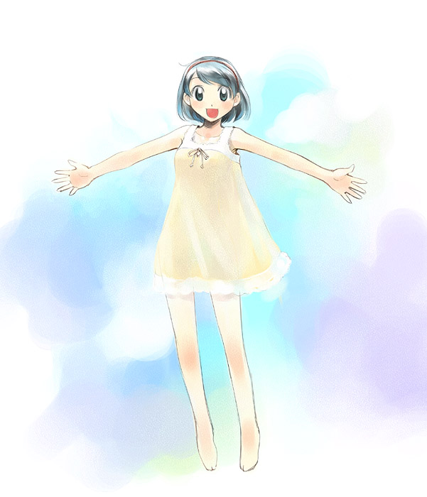 ikeda jun (mizutamari), original, 1girl, aqua eyes, barefoot, blue hair, blush, dress, feet, female focus, hairband, short hair, solo, toes